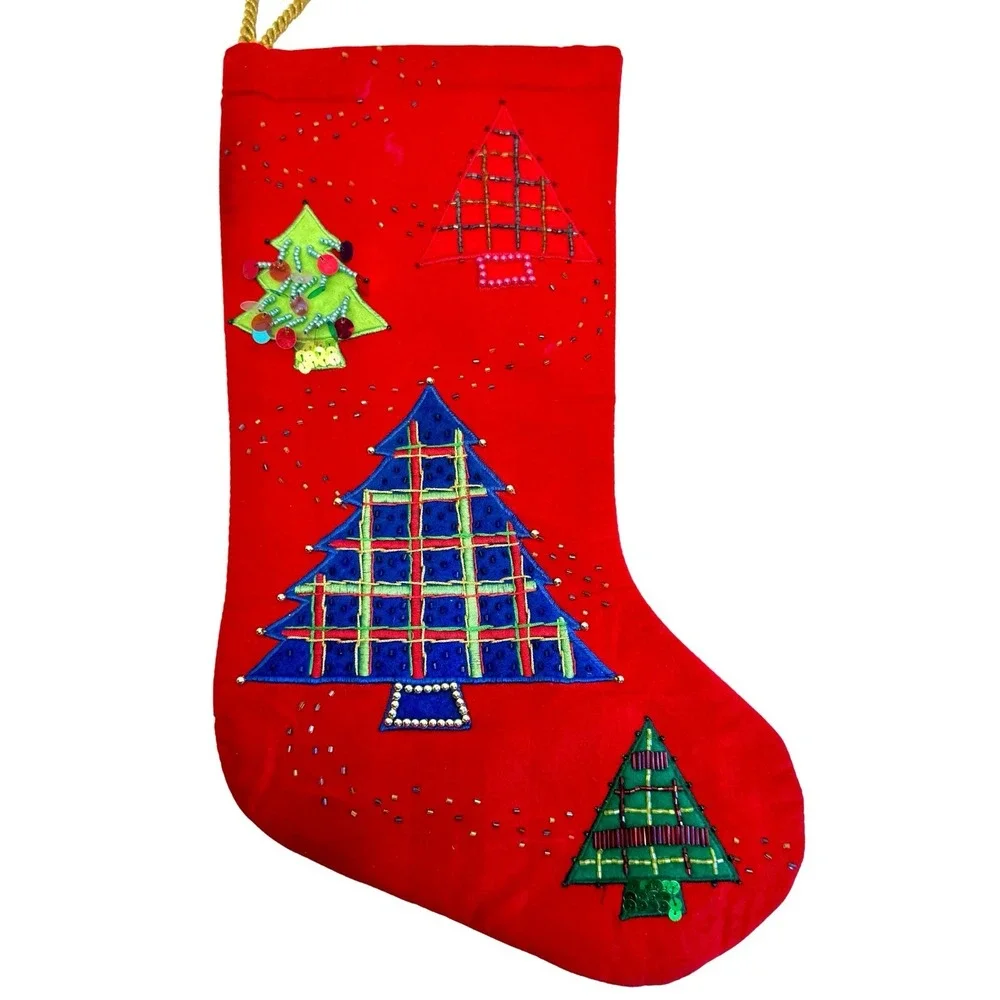 Vintage Christmas Stocking Red Embellished Trees Embroidery‎ Beaded